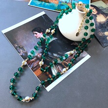 中古长款湖兰绿色琉璃圆珠电镀真金巴洛克珍珠毛衣链