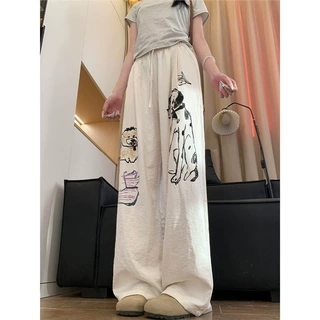 韩版潮流卡通涂鸦小狗印花休闲裤春季新款宽松百搭杏色运动长裤女