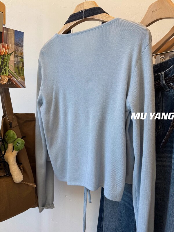 MUYANG 温柔蓝色拼灰背心 绑带假两件针织衫开衫 女假套式毛衣女|undefined