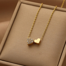 跨境金色双心吊坠项饰女 心心相印优雅气质高级感镶锆石爱心项链
