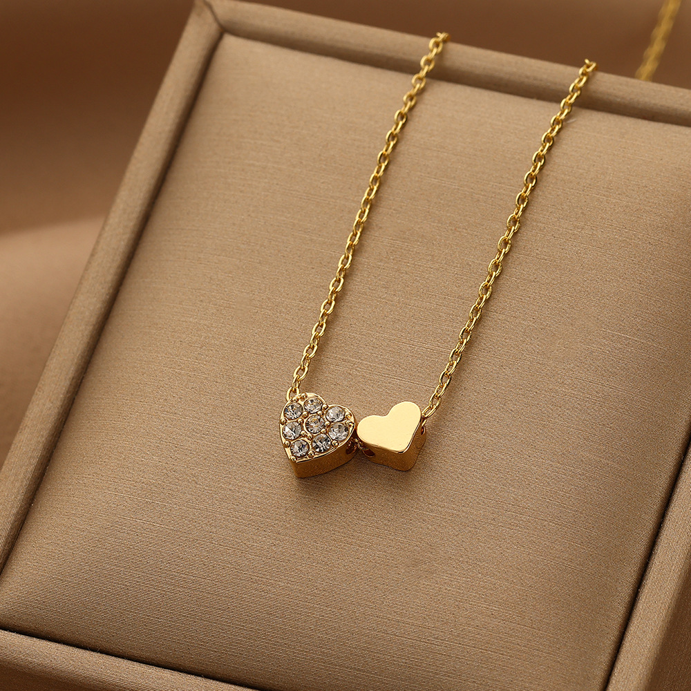 跨境金色双心吊坠项饰女 心心相印优雅气质高级感镶锆石爱心项链