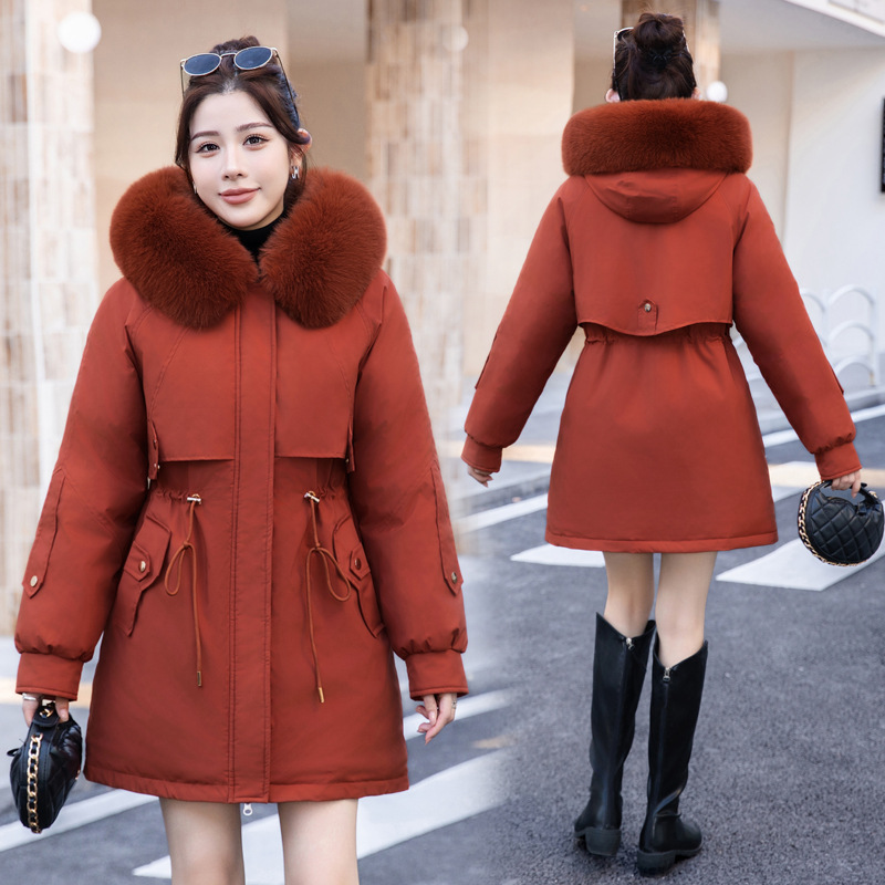 Cuello de cabello para superar la chaqueta de algodón de invierno femenino con lana y chaqueta de algodón gruesa, chaqueta de algodón media y larga