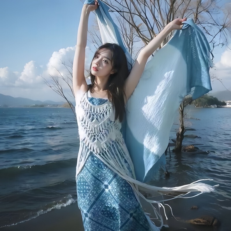 Bohemian Resort Style Strappy Suspender Dress with Waist Slimming Design Long Skirt Hollow Tassel Blouse Skirt