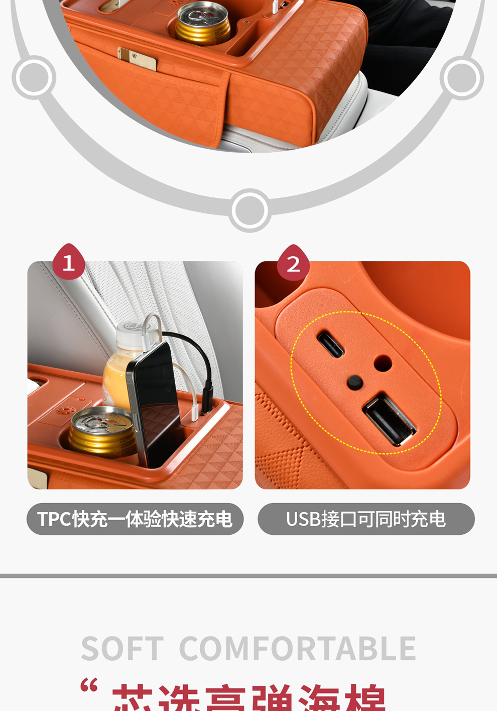 New Eight-In-One Car Armrest Box with Charging, Fragrance, Heightening Pad, Car Central Control Storage, Tissue Box
