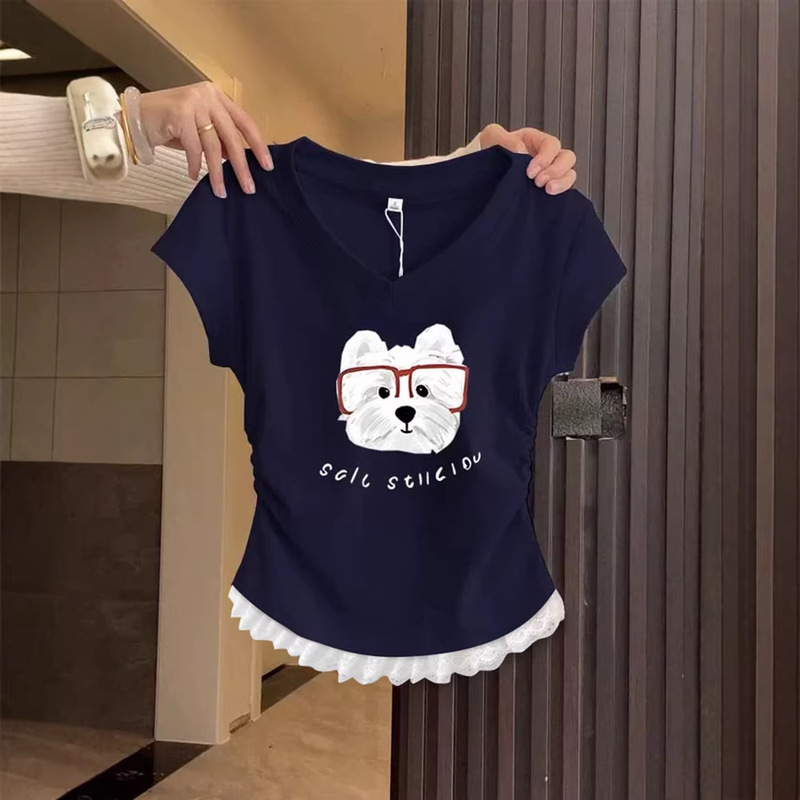 2026 Summer New Short-Sleeve Women's T-Shirt, Korean Style, Unique Design, Very Attractive, Fitted Waist, Straight Shoulder, V-Neck Top