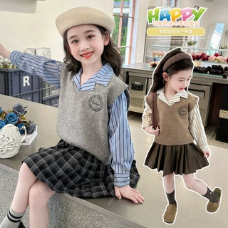女小童学院风毛衣马甲三件套2024新款秋装宝宝条纹衬衫格子裙套装