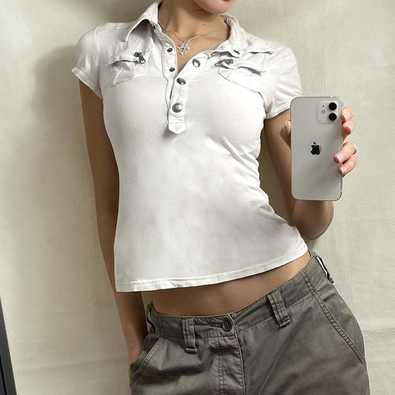 欧美跨境女装时尚街头潮人工装风翻领基础纯色辣妹短袖T恤上衣新|undefined