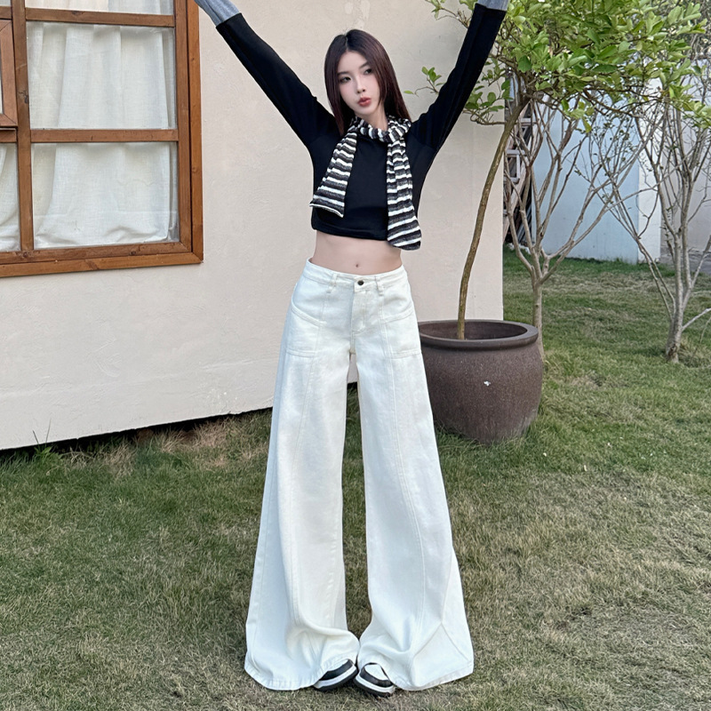 Broken Seam Split Jeans Women 2025 Spring New creamy-white Straight Loose Wide Leg Micro Casual Pants Women