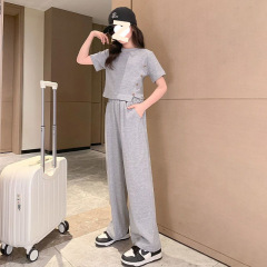 女の子夏ワイドレッグパンツスーツ 2025 新しい子供服インターネットセレブファッショナブルな夏の大きな子供のスポーツ 12 歳の女の子