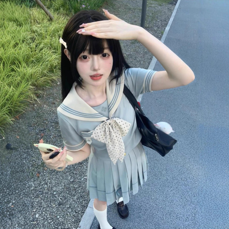 Spring and Summer Women's Mint White Jk Sailor Suit College Style Japanese Authentic Waist-Cinching Jk Uniform Set