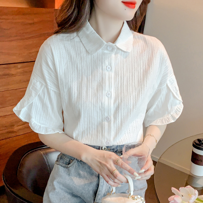 White Shirt for Women with Ruffled Edges, Summer 2026 Pure Cotton Shirt for Women, Stylish All-Cotton Design, Niche Short-Sleeve