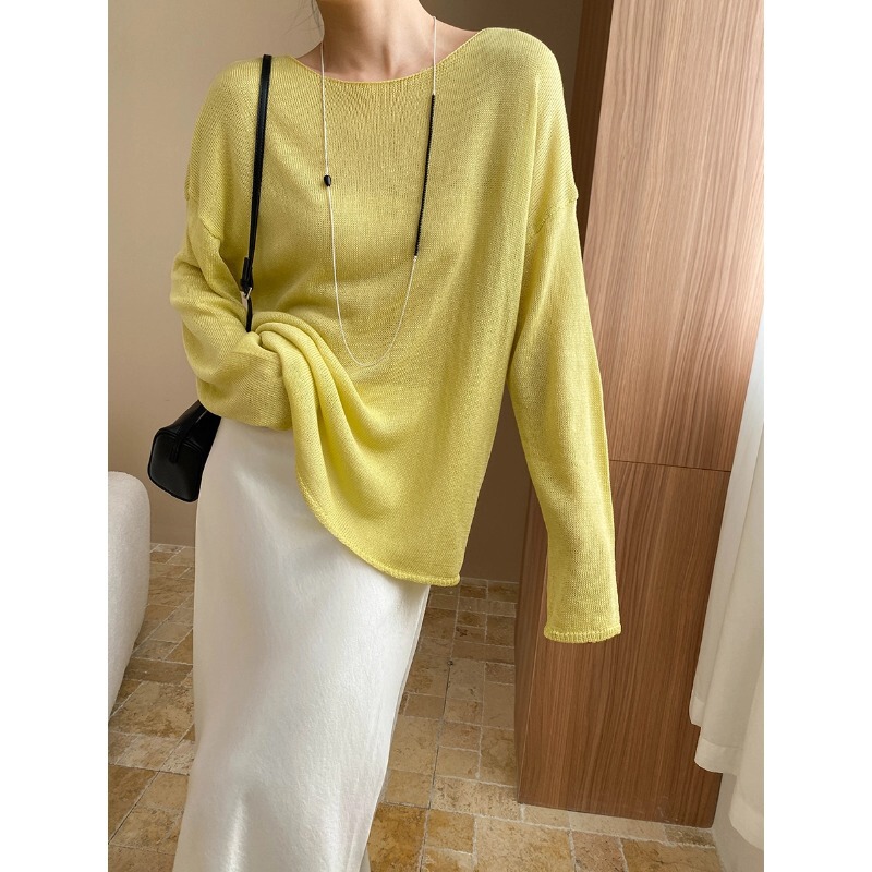 Sinan Light Oxygen Breathing Tencel Linen Lazy Curled Crewneck Loose Sunscreen Knitted Blouse SN7252 Sinan Light Oxygen Breathing Tencel Linen Lazy Curled Crewneck Loose Sunscreen Knitted Blouse SN7252