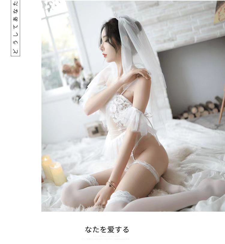 Bridal Lace Mesh Babydoll Nightgown Set with White Stockings, One Size — detail image 7