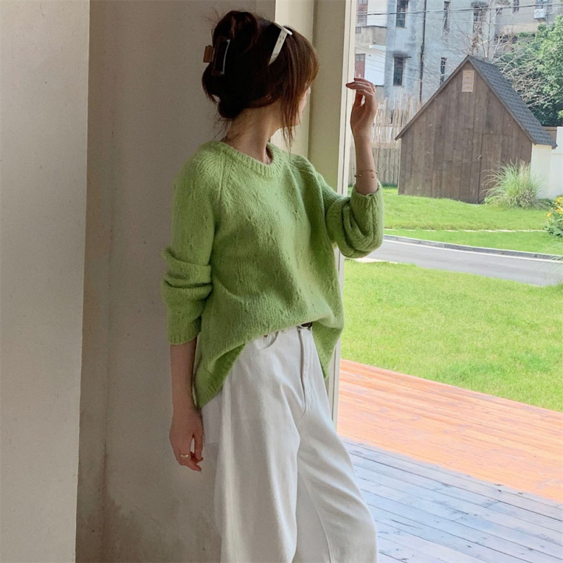 韩版秋冬新款设计感圆领勾花套头毛衣女外穿温柔慵懒风针织衫上衣|undefined