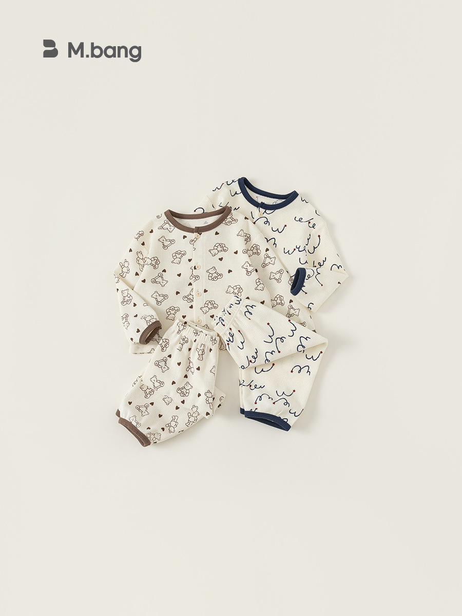 Babycity niños pijamas traje niños y niñas waffle cuello redondo cardigan ropa para el hogar conjunto de dos piezas CT24028