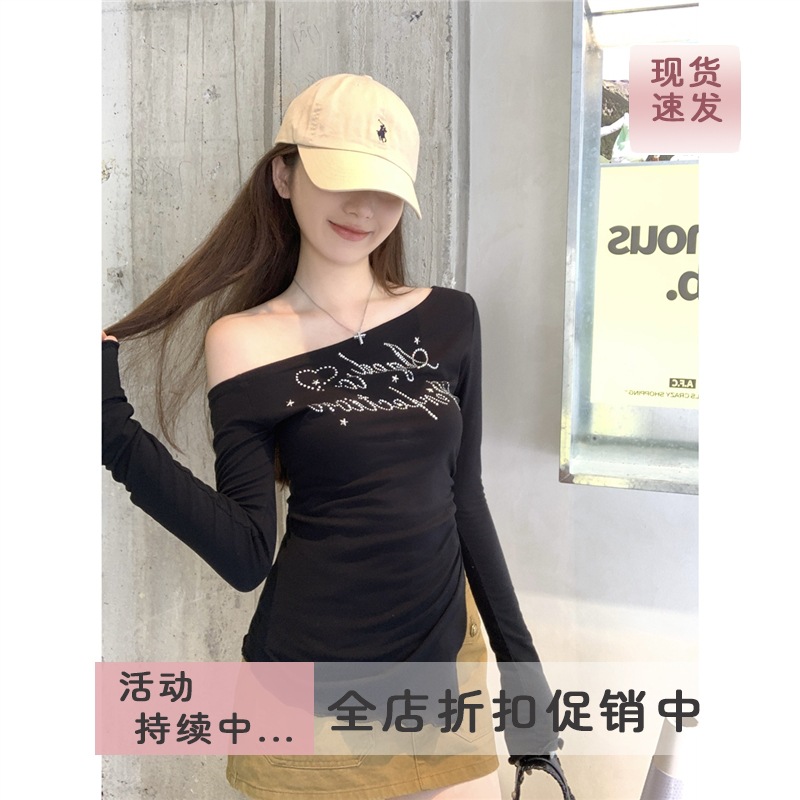 现货实拍 早秋韩版设计感斜肩烫钻气质内搭长袖T恤辣妹打底上衣女