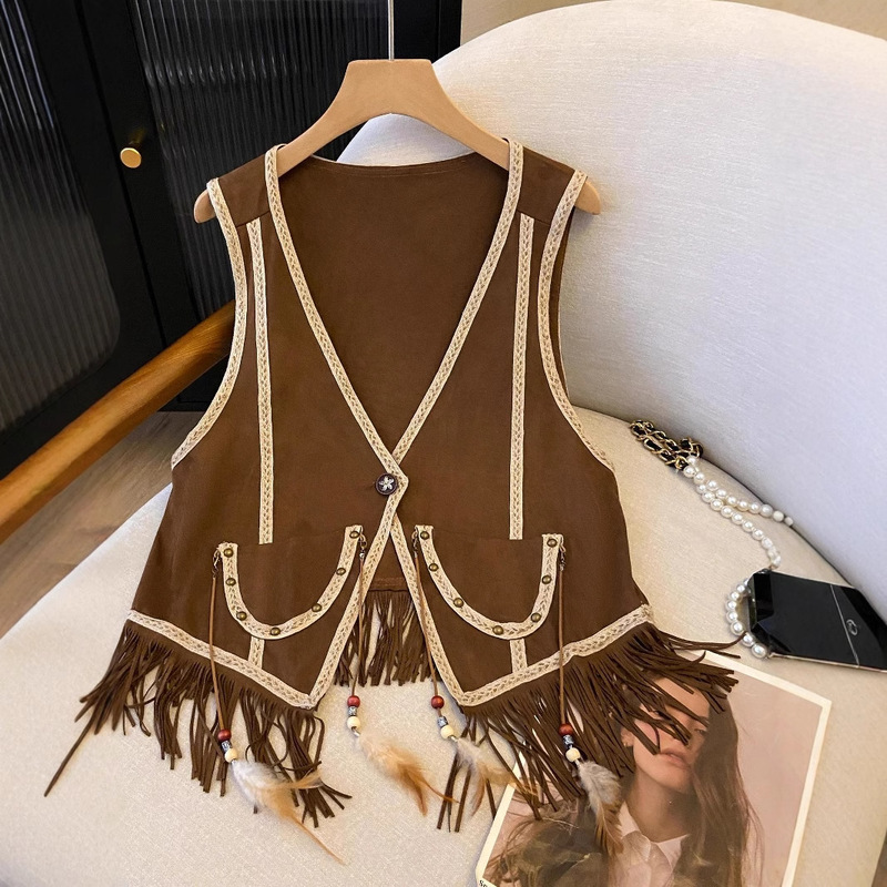 Cross-border Grassland Retro Western Ethnic Suede Pouch Loose Cardigan Women's Feather Tassel Yunnan Vest