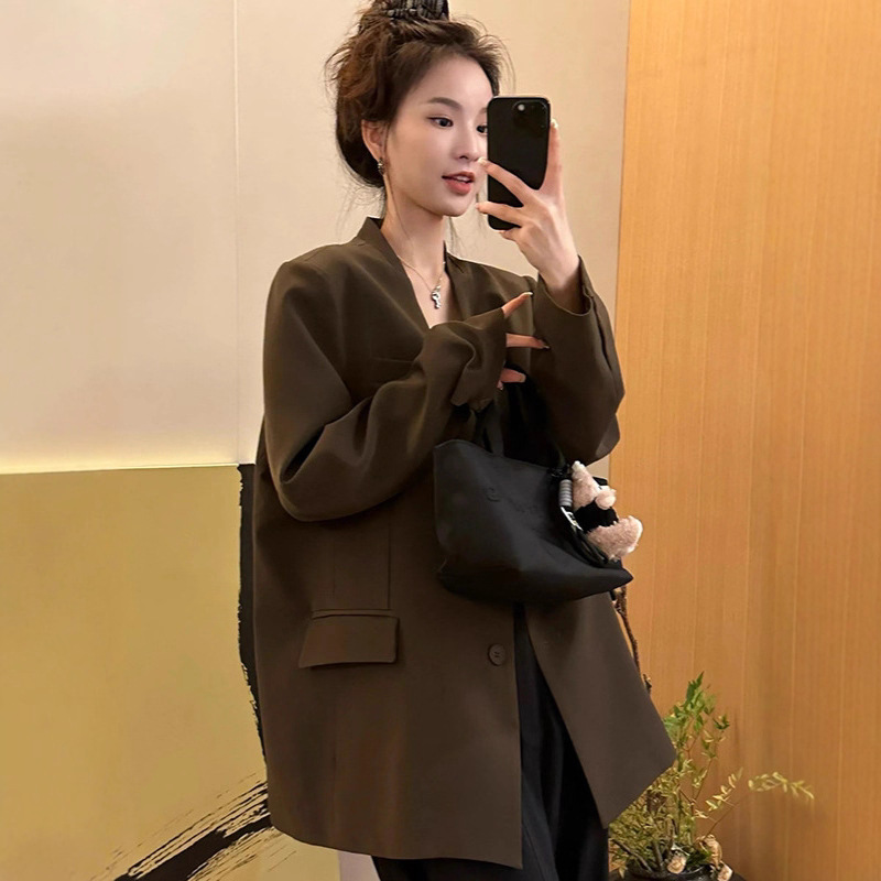 Korean Style Normcore Style High-End V Neck Design Suit for Women 2025 Autum New Versatile Casual Loose Jacket
