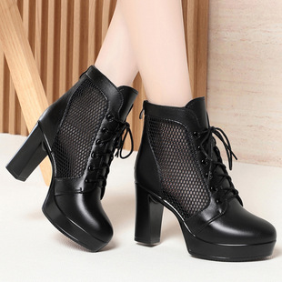 25 Spring and Summer New Genuine Leather Women's Net Boots Middle Heel Thick Heel Waterproof Martin Boots ZF5288 Plus Size 41