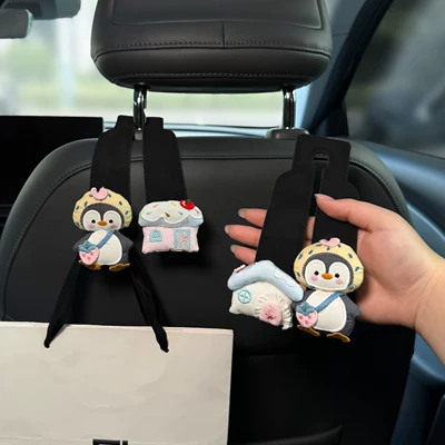Cute penguin car hook, cartoon storage hook for car seat back, multi-functional organizer for front and rear seats, designed for women (Sürətlər qutusu və əl tormozu başlıqları) - cute-penguin-pink-house-cute-penguin-pink-house-black-double-hooks-2-pieces