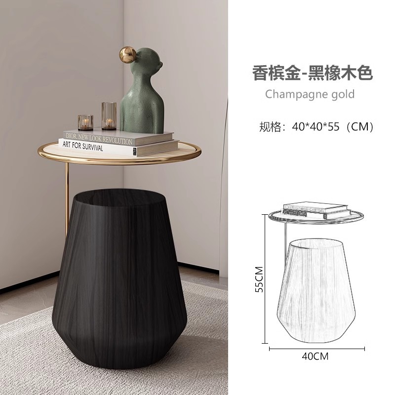 Mesa lateral de losa de roca de lujo ligero, sofá de sala de estar, esquina móvil redonda minimalista, diseño de cabecera, mesa de centro pequeña de nogal