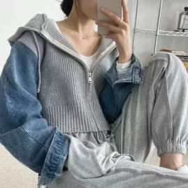 牛仔袖子拼接针织开衫上衣女韩国抽绳连帽宽松短款螺纹毛衣外套潮