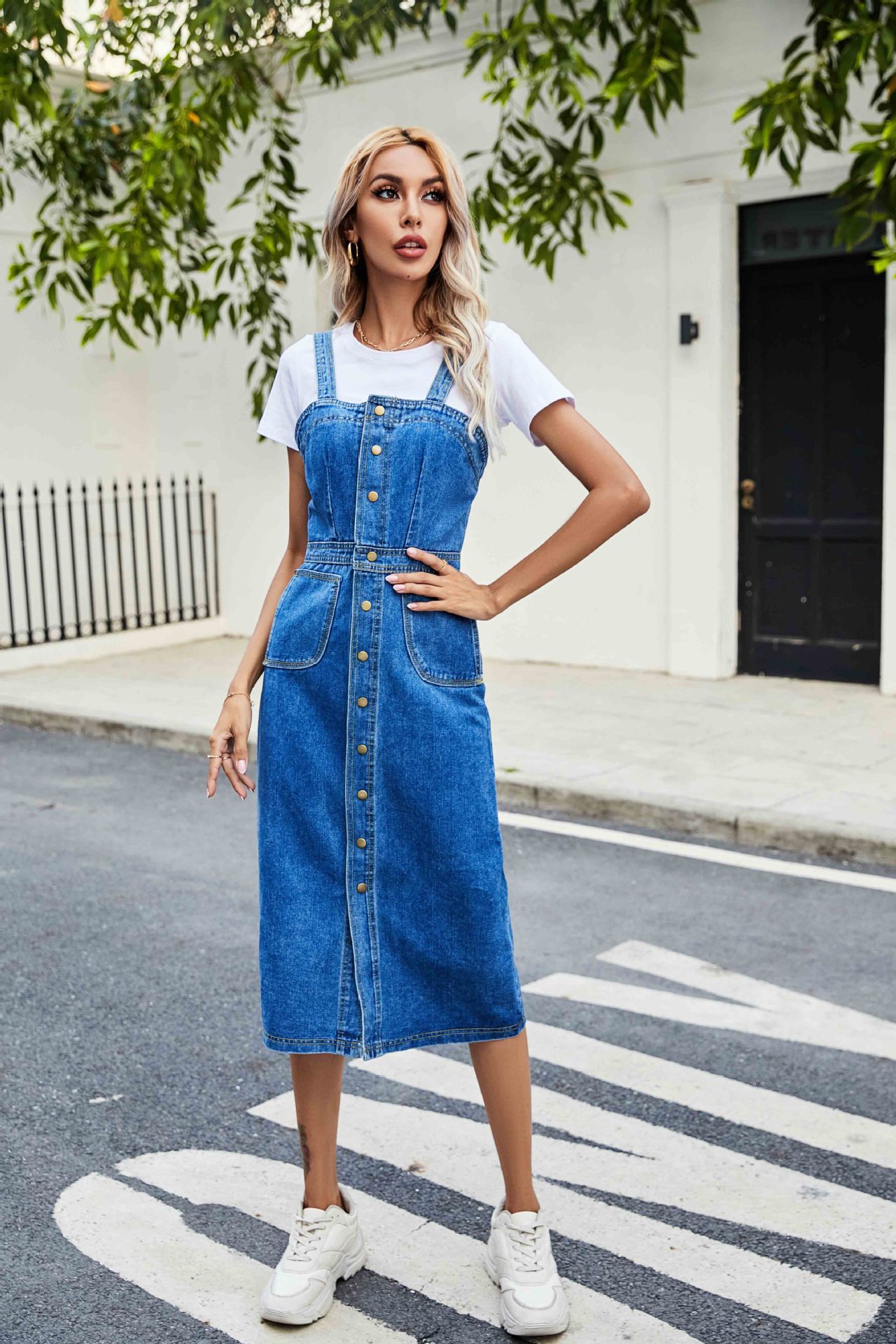 spring and summer new single-breasted denim suspender dress NSCX52793