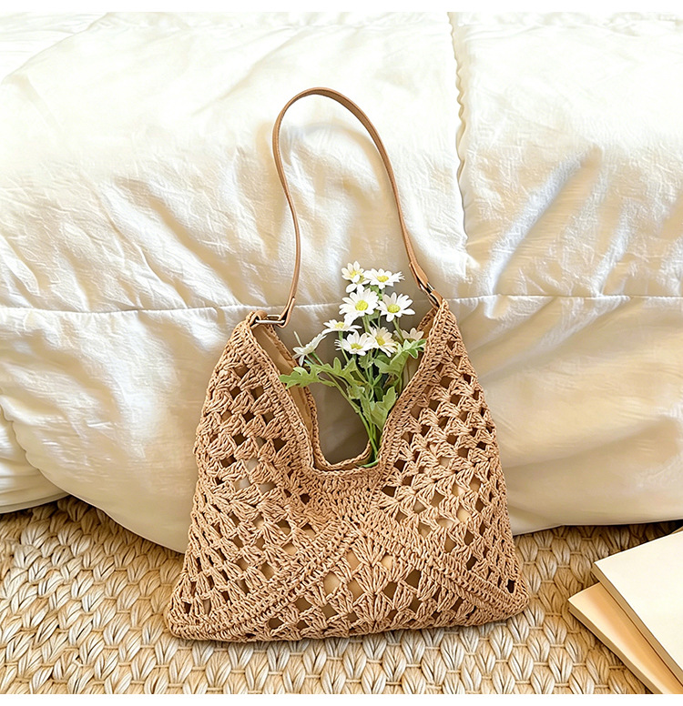 Bolsa de tela de paja de gran capacidad de color extranjero, bolsa de hombro casual de moda junto al mar, bolsa de tote simple