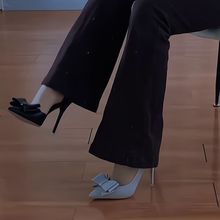 韩版高跟鞋女细跟尖头显瘦浅口女鞋2024新款性感蝴蝶结侧镂空单鞋