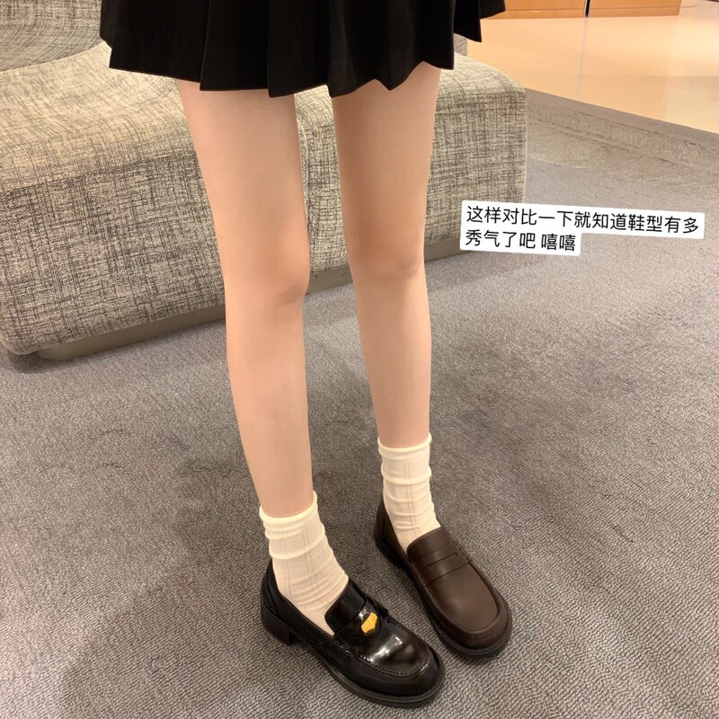 现货当天秒发~张元英同款~金币粗跟懒人一脚蹬乐福单鞋女小皮鞋|undefined