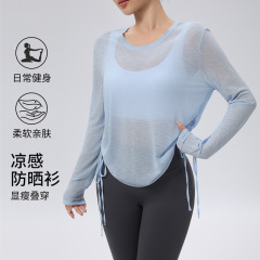 夏季薄款防晒网纱运动罩衫长袖速干T恤宽松健身服透气瑜伽上衣女