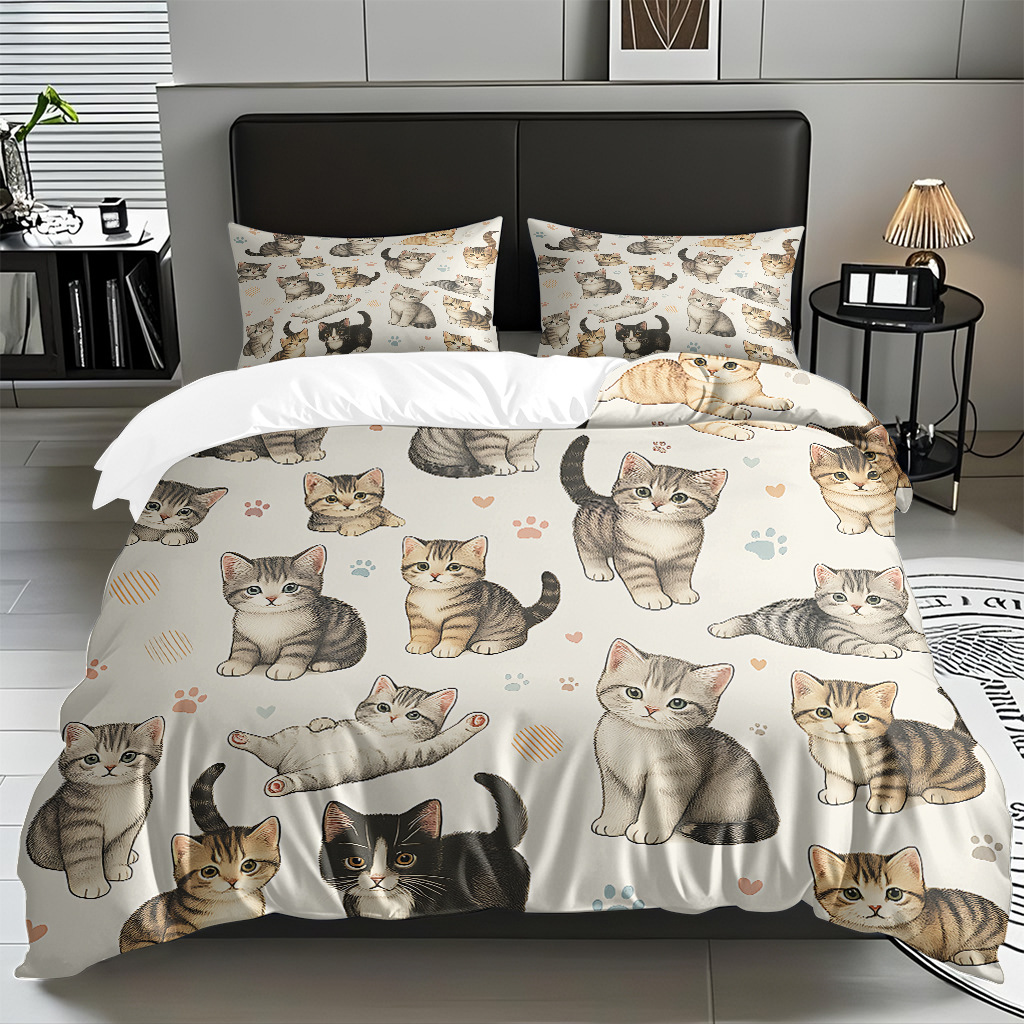 Transfronterizo textil doméstico molido caricatura gatito impresión digital suave permeable colcha colcha set fuente fábrica Temu / JIT