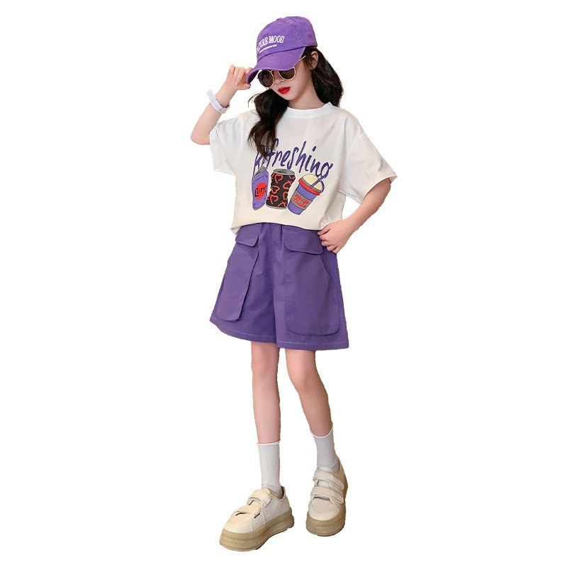 Traje deportivo para niñas 2024 Nuevo estilo coreano para niños de verano para niñas pantalones cortos de verano Traje de dos piezas de estilo occidental