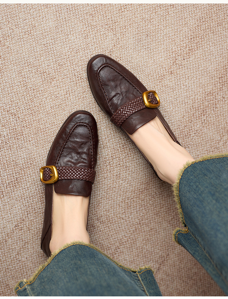Giày lười nữ mũi vuông da cừu gót thô phong cách vintage khóa dệt — màu nâu chi tiết 9
