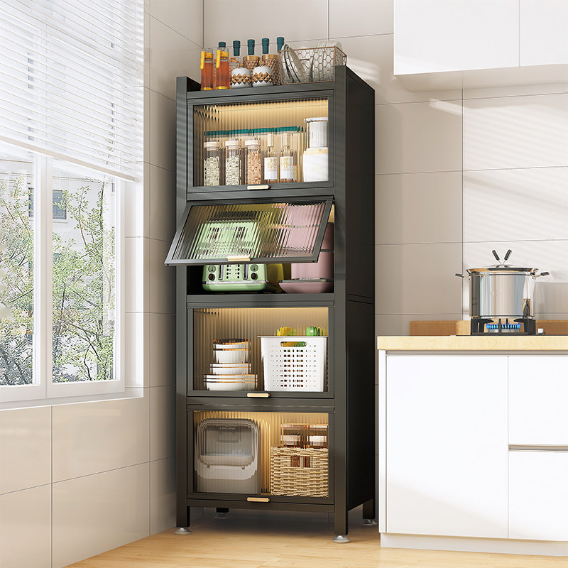 Estante de cocina de piso armario de cocina doméstico con puerta de almacenamiento de microondas tazón de acero al carbono armario de comedor