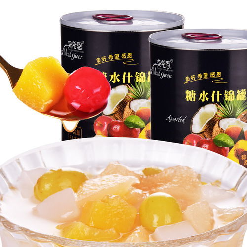 Canned fruit 6 cans mixed with yellow peaches, strawberries, whole boxes, whole pieces, snacks, beverages, lychees, oranges, hawthorns, water chestnuts, coconut fruit