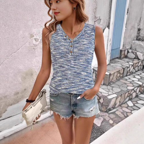 2025 Western European and American Summer Honeycomb V-neck Sleeveless Backless Button-up Top Women's T-shirt