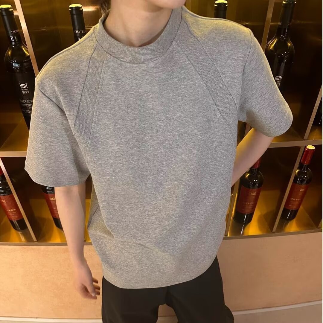 Camiseta gris pesada de costura de hilo masculina de verano boxy estilo americano de manga corta hombro 2026 nueva media manga