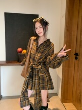 高级感复古格纹长袖衬衫连衣裙女装2025新款夏季系带收腰显瘦短裙