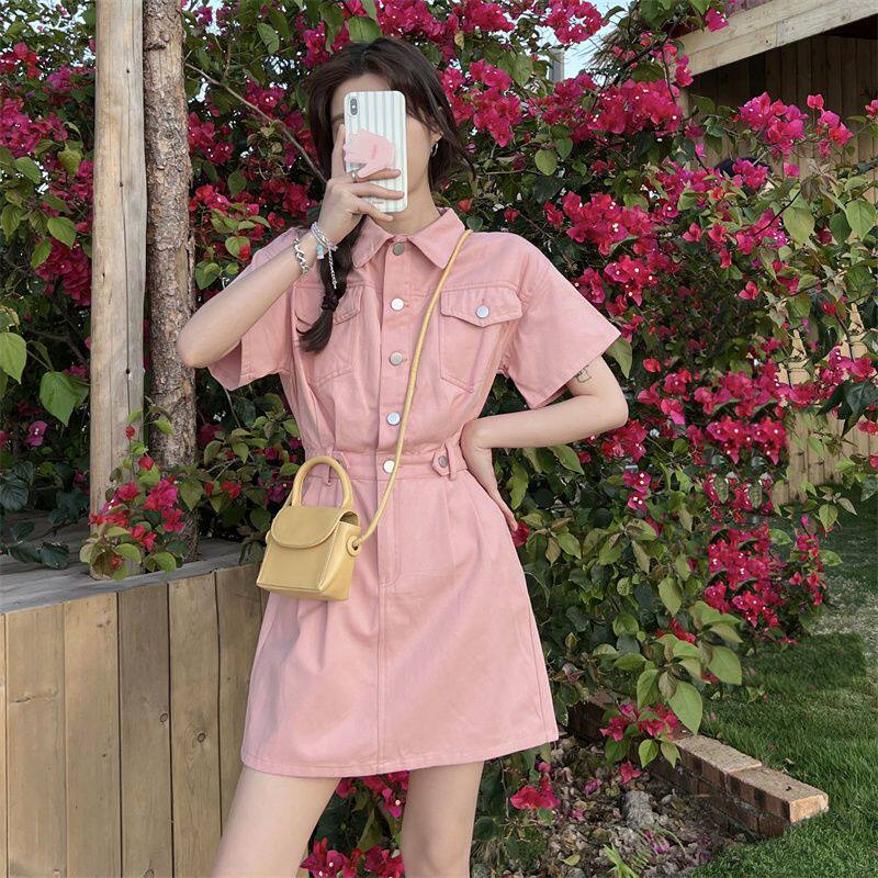 Đầm denim nữ tay ngắn cổ polo dáng chữ A chiết eo phong cách thanh lịch — Màu be, Màu hồng chi tiết 9