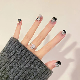 Short Black French Shiny Powder Broken Diamond Wear Nail Art Patch Removable Sweet Cool Atmosphere Fake Nail Finished Product
