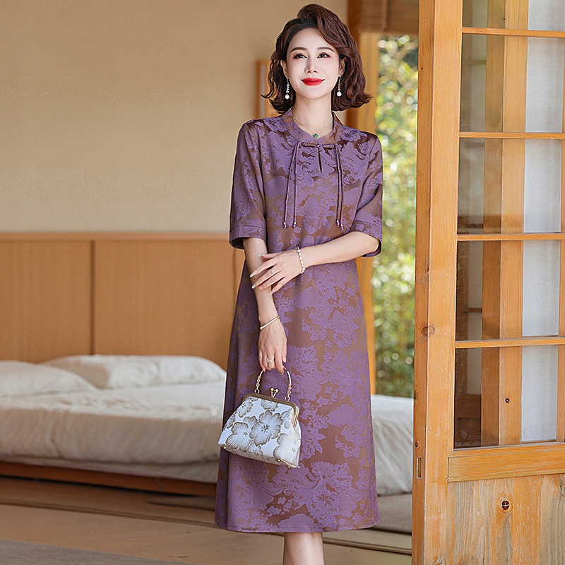 Summer Women's Satin Jacquard New Chinese Round Neck Tassel Buckle Loose Vintage Seven-point Sleeve Split Cheongsam dress