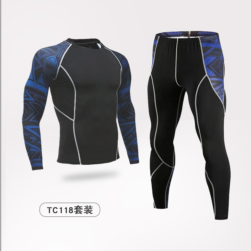 Logotipo personalizado fitness traje de ropa deportiva primavera y otoño para hombres transpirable cuello redondo elástico alto estampado manga larga ropa ajustada de secado rápido