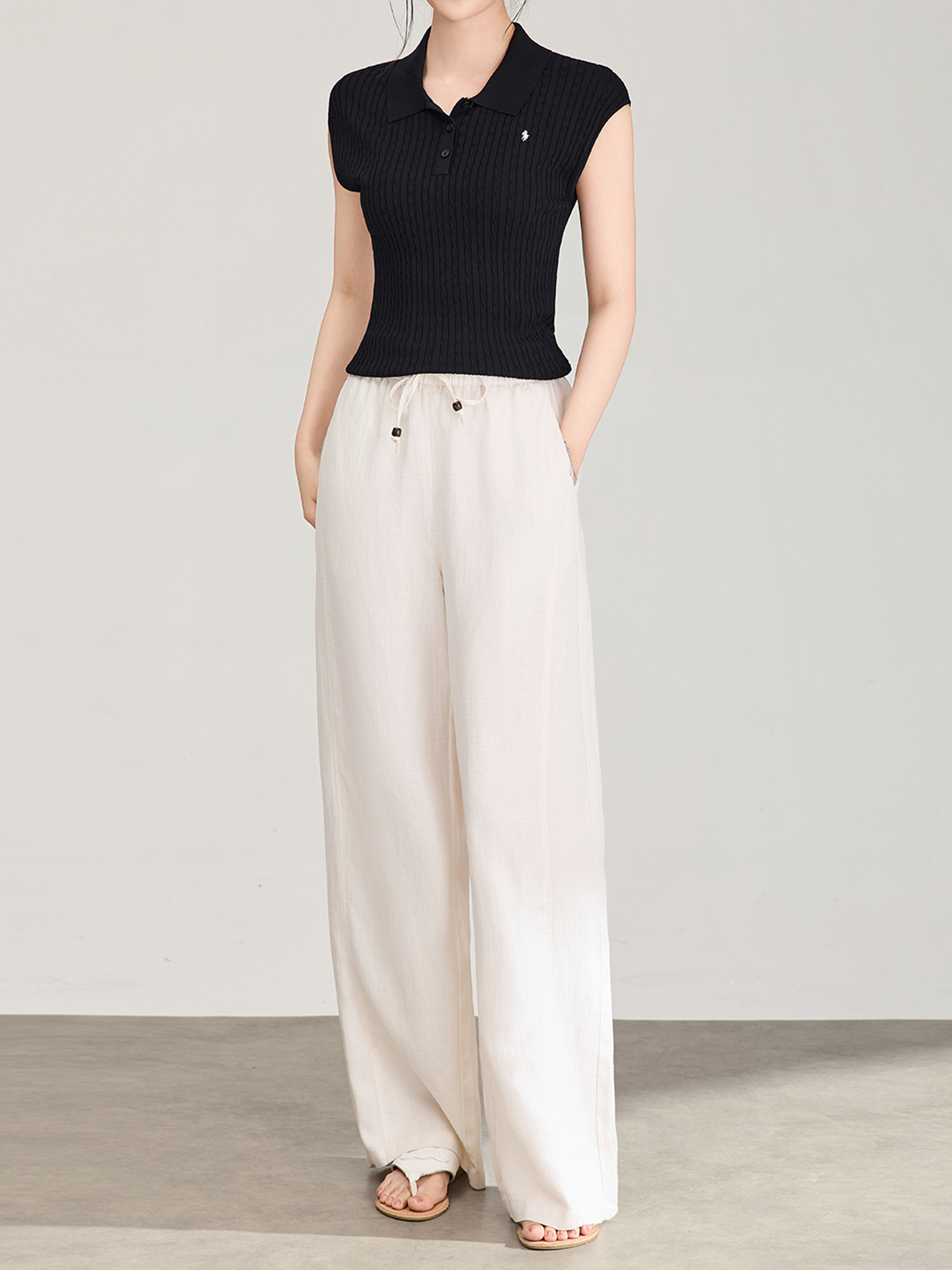 Quần culottes nữ ống rộng chất liệu linen phối lụa, cạp chun rút dây, dáng suông mềm mại — màu xanh táo