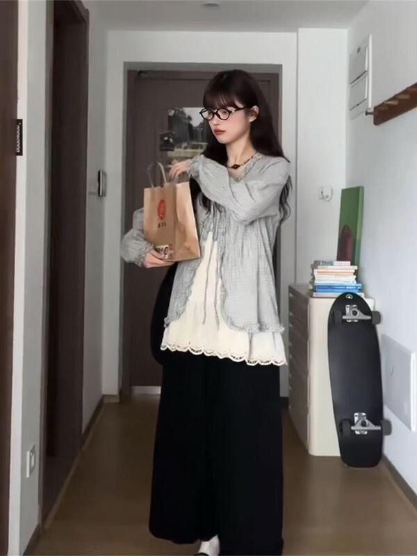 2025 新しい夏の韓国スタイルの女性のスーツレトロチェック柄レースアップブラウスサスペンダーカジュアルパンツ 3 点セットトレンディな|undefined