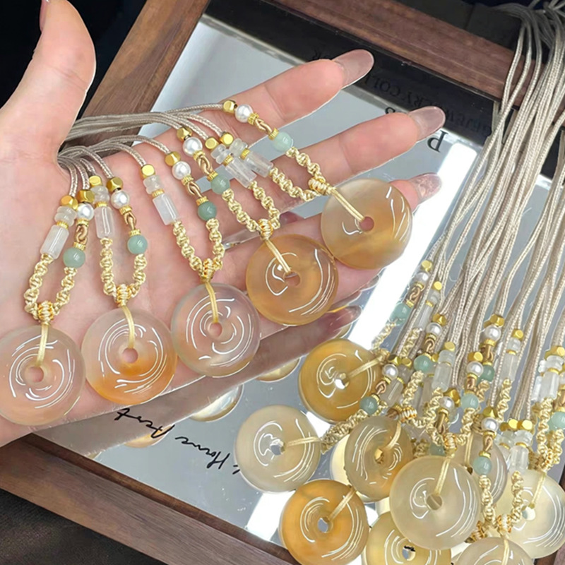 Natural Agate Chalcedony Candy-Colored Peace Buckle Necklace for Women, Gold Braided Rope Pendant Wholesale