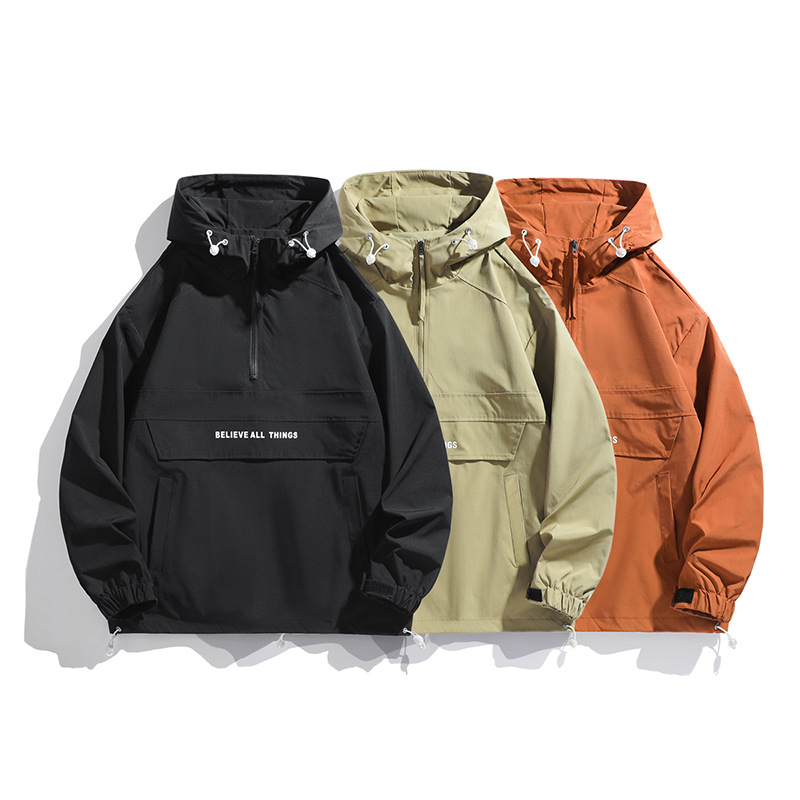 2025 Spring and Autumn New Outdoor Jacket Hooded Trendy American Style Half-Zip Workwear Jacket Men's Top