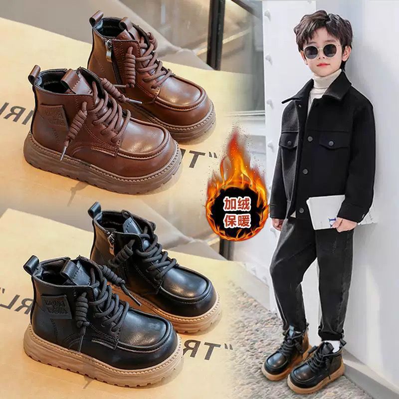Boys' Boots 2024 Autumn and Winter Black Kidsren's Boots Real Soft Leather Two-Cotton Medium and Large Kidsren's Fleece-Lined Girls' Short Boots Non-Slip