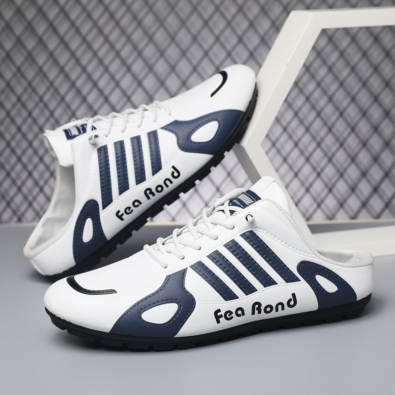 夏季新款男鞋潮流透氣懶人半托板鞋皮面運動男式一腳蹬休閒鞋子男