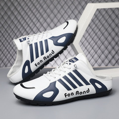 夏季新款男鞋潮流透氣懶人半托板鞋皮面運動男式一腳蹬休閒鞋子男